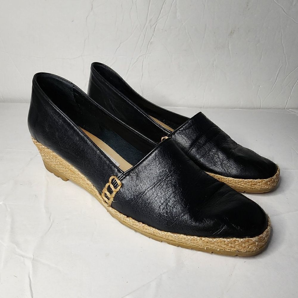 Andre Assous black leather espadrille shoes dress comfort women's size 8 narrow